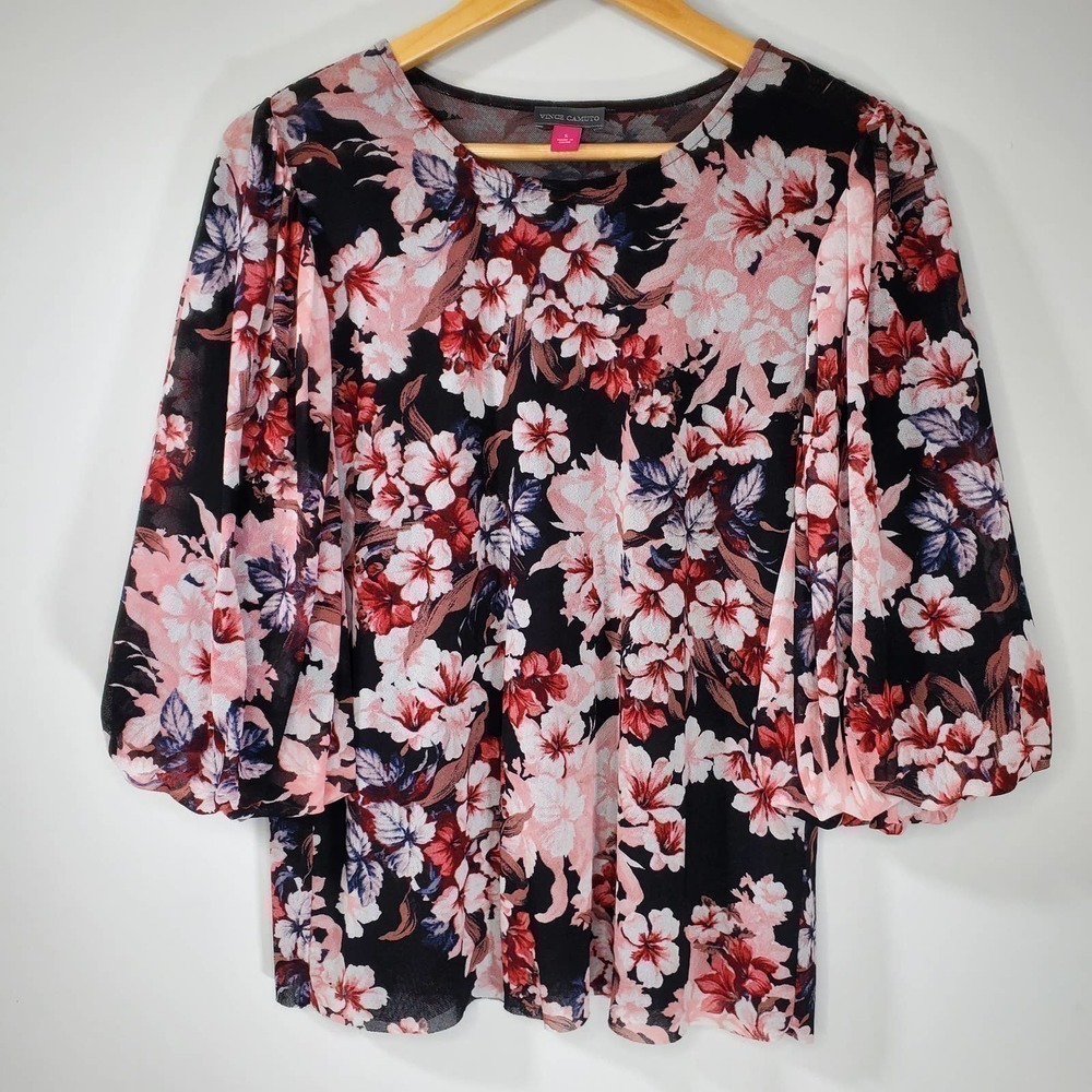 Vince Camuto Floral Print Balloon Sleeve Blouse Top Black Pink Size Small - Picture 7 of 9